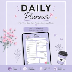 Op de afbeelding: Een digitale dagplanner-sjabloon op een tabletscherm met een lichtpaarse achtergrond. De planner bevat secties voor planning, maaltijden, doelen, lichaamsbeweging en stemming. Tekst bevat "DAILY Planner", "Plan Your Day. Stay Focused. Achieve More."