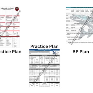 May include: Three white practice schedule documents with black text and red or blue accents. The left document is titled Oakwood Outlaws, the center is titled Practice Plan, and the right is titled Myrtle Beach Barracudas On-Field Batting Practice Plan.