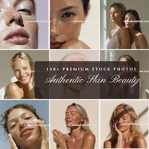 May include: A collection of 150+ premium stock photos titled Authentic Skin Beauty, featuring various close-up portraits of individuals with natural skin textures, freckles, and glowing complexions in soft, natural lighting conditions.