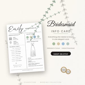 Redigerbar mall för brudtärneinformationskort, detaljer om brudföljet, Canva-bröllopsinlägg (digital nedladdning)