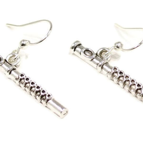 Flute Earrings, Flute Jewelry, Silver Flute Earrings, Flute Gift, Flautist Gift, Flutist Earrings,Flute Player Gift - Band Jewelry  E104