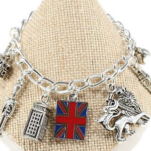 London Bracelet, England Bracelet, Love London Gift, British Flag, Big Ben, Double Decker Bus Charm, United Kingdom, Britain, Travel Charms