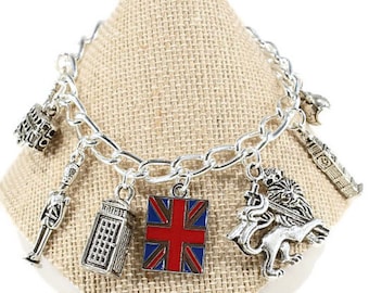 London Bracelet - England Bracelet - Love London  Gift - British Flag - Big Ben - Double Decker Bus Charm - Love  England Gift - Europe B41