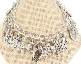 Seashells, SeashellBracelet, Starfish, Palm Tree, Flip Flops, Sandals, Beach Life, Love the Beach Gift, Large  Seashellsll, Silver Seashells
