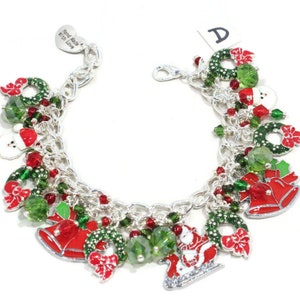 Christmas Bracelet, Holiday Jewelry, Red Green Bracelet, Santa Boot, Holiday Jewelry with Sparkles, Festive Holiday Bracelet