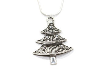 Christmas Tree Necklace,  Christmas Tree Jewelry, Holiday Jewelry, Large Christmas Tree Pendant, Silver Christmas Tree, Christmas Tree Gift
