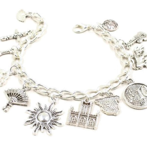 Spain Bracelet, Spanish, Spain Gift, Souvenir of Spain,  Spanish Jewelry, Map of Spain, Spanish Charms, Latin Jewelry B199
