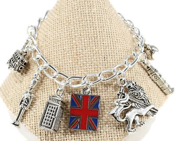 London Bracelet, England Bracelet, Love London Gift, British Flag, Big Ben, Double Decker Bus Charm, United Kingdom, Britain, Travel Charms