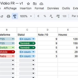May include: A screenshot of a spreadsheet labelled "Tracker Jeux Vidéo FR - v1", detailing video game progress. Columns include game title, platform, status, rating, hours played, end date, and notes. Examples include "Expedition 33" and "Horizon Zero Da".