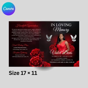 Rote Rose Beerdigung Programm Vorlage 8 Seite Canva | Erinnerungsbüchlein | Nachruf Printable | Feier des Lebens | Digitaler Download Frauen