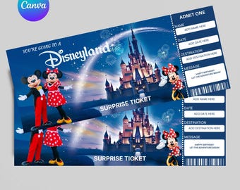 Biglietto a sorpresa per Disneyland, modello Canva modificabile, regalo per la vacanza, download immediato, stampabile