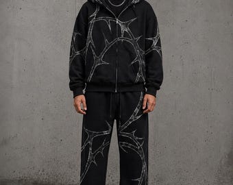 Schwarz Gothic Trainingsanzug Männer Oversized Hoodie Set Streetwear Sweat Suit Baggy Jogger Set Y2K Hoodie Hosen Set Unisex