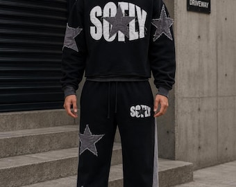 Black Star Patch Hoodie Trainingsanzug Männer Streetwear Oversized Set