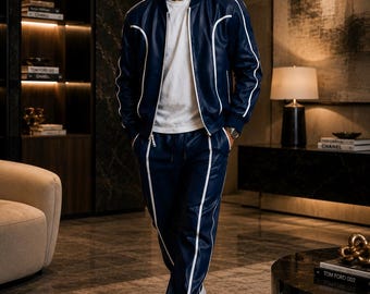 Blaues Leder Trainingsanzug Männer Echte Schaffell Jacke Hosen Set Luxus Street Outfit