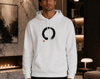 Weißer Zen-Kreis-Hoodie Minimalistischer japanischer Pinsel-Kunst-Hoodie Herren Streetwear Pullover-Sweatshirt