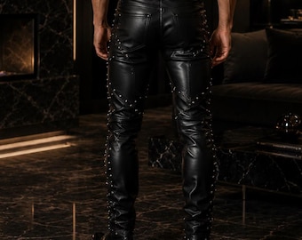 Herren schwarze Lederhose Nieten Gothic Slim Fit Biker Hose