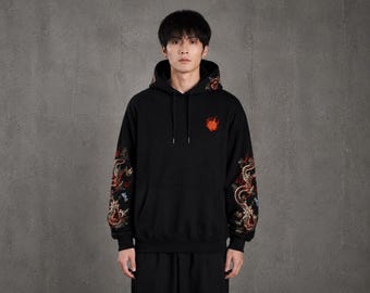 Drachen bestickter schwarzer Streetwear-Hoodie Übergroßer Gothic Hoodie Japanischer Drache Pullover Hoodie Herren Urban Hoodie