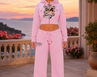 Rosafarbener Cropped Hoodie Jogginghose Set Frauen Passend Lounge Set Y2K Streetwear Trainingsanzug Süßes Zweiteiler Outfit