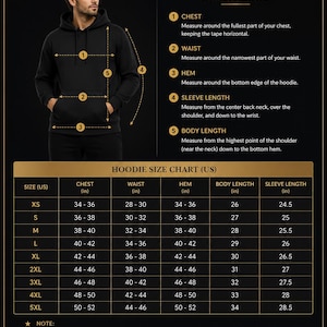 May include: A black hoodie size chart for the US market featuring a visual guide on how to measure chest, waist, hem, sleeve length, and body length. The chart includes sizes from XS to 5XL with corresponding measurements in inches for each category.