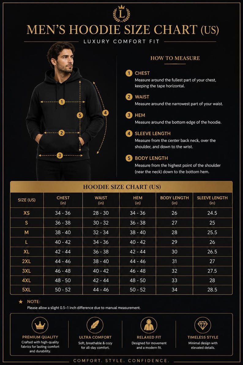 May include: A black hoodie size chart for the US market featuring a visual guide on how to measure chest, waist, hem, sleeve length, and body length. The chart includes sizes from XS to 5XL with corresponding measurements in inches for each category.