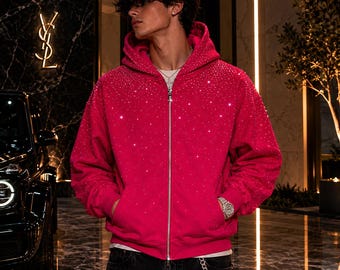 Rosa Strass Reißverschluss Hoodie Y2K Sparkly Übergroßer Hoodie Unisex Streetwear Full-Zip Glitter Hoodie Ästhetisches Geschenk