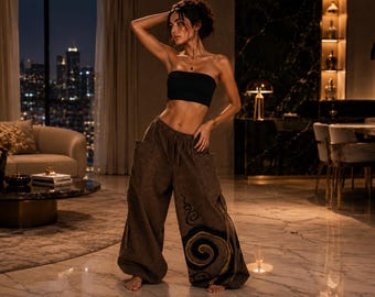Brown Boho Wide Leg Pants Women Loose Hippie Festival Palazzo Trousers