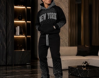 New York Strass Hoodie Trainingsanzug Männer Schwarz Bling Sweat Suit Streetwear Set