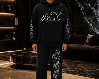 Schwarzer Übergroßer Hoodie Trainingsanzug Herren Streetwear Set Flame Graphic Sweat Suit