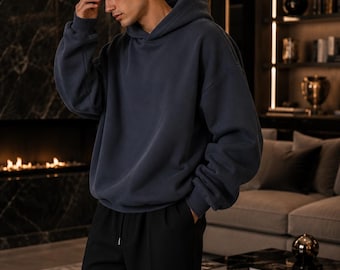 Oversized Dark Grey Hoodie Men Minimalist Streetwear Pullover Hoodie Casual Loose Fit Hoodie Luxury Aesthetic Hoodie