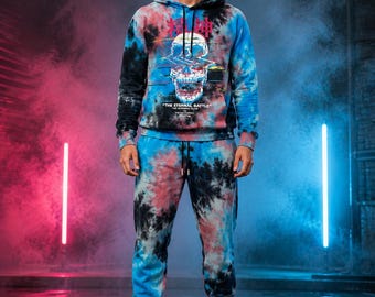 Tie Dye Totenkopf Hoodie Set Männer Streetwear Trainingsanzug Grafik Sweat Suit Blau Rosa Goth Jogger Set