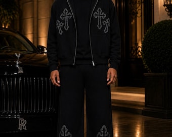 Black Cross Trainingsanzug Set Männer Gothic Streetwear Hoodie Weites Bein Jogginghose Oversized Y2K Outfit Unisex