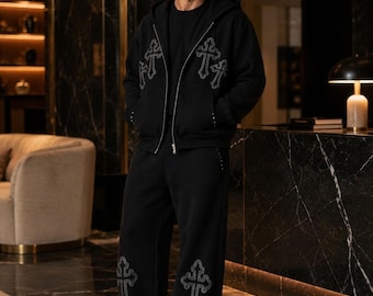 Schwarz Gothic Cross Trainingsanzug Männer Oversized Hoodie Jogginghose Set Streetwear