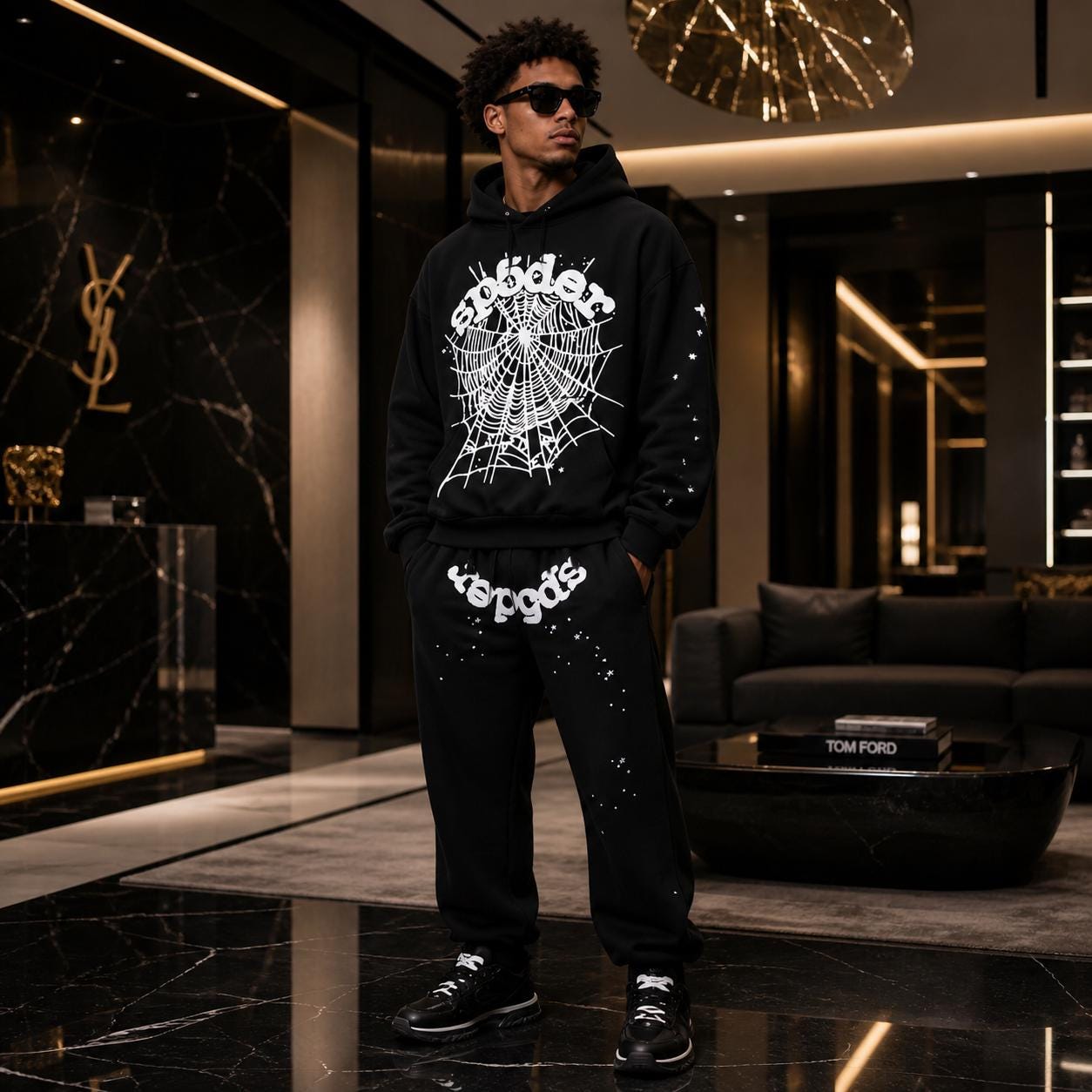 Spider Web Graphic Hoodie Tracksuit Men Black Streetwear Set