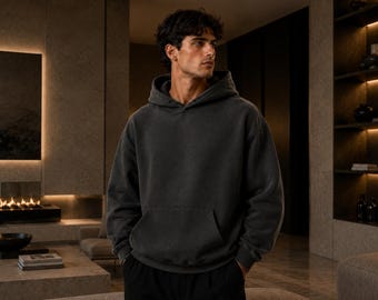 Luxury Oversized Black Hoodie for Men Streetwear Washed Hoodie Minimalist Pullover Hoodie Casual Fashion Hoodie Gift for Him