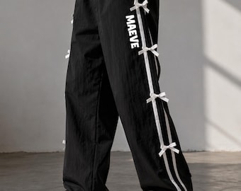 Schwarze Baggy Trainingshose Männer Weites Bein Streetwear Hose Lose Jogger Hose Schleife Band Hose Goth Y2K Mode