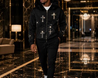 Schwarzer Strass Kreuz Hoodie Männer Luxus Streetwear Pelzhaube Zip Up Sweatshirt