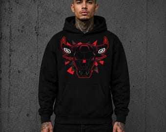 Streetwear Bull Graphic Hoodie für Männer Schwarz Übergroßer Hoodie Urban Pullover Sweatshirt