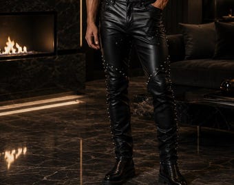Mens Black Leather Pants Studded Gothic Slim Fit Biker Trousers