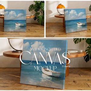 Könnte beinhalten: Ein quadratisches Leinwand-Mockup mit einem Gemälde eines weißen Bootes, das auf ruhigem blauem Wasser unter einem bewölkten Himmel schwimmt. Der Text 3 VIEWS INCLUDED CANVAS MOCKUP 1:1 Ratio liegt über dem Bild, das in drei Winkeln gezeigt wird.