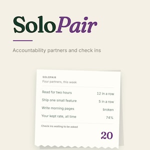 Peut inclure: Une interface numérique pour les partenaires de responsabilité et les check-ins SoloPair. L'écran affiche une liste de tâches incluant la lecture, l'expédition de fonctionnalités et l'écriture, avec des statistiques et 20 check-ins en attente.
