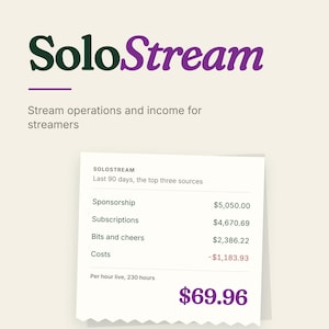 Puede incluir: El logotipo de SoloStream en texto verde oscuro y morado sobre un recibo digital que muestra operaciones e ingresos de streaming. El recibo enumera patrocinios, suscripciones, bits y cheers, y costos, con un total por hora de $69.96.