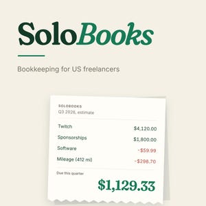 May include: The SoloBooks logo in dark green text with the tagline Bookkeeping for US freelancers. Below is a digital receipt for Q3 2026 showing income from Twitch and Sponsorships, expenses for Software and Mileage, and a total of $1,129.33.