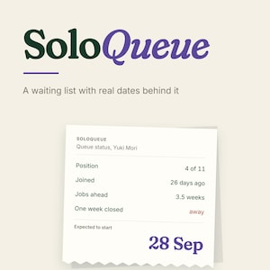 May include: A digital interface display titled SoloQueue with the subtitle A waiting list with real dates behind it. A white note card shows queue status for Yuki Mori, listing position 4 of 11, joined 26 days ago, 3.5 weeks of jobs ahead, and an expected start date of 28 Sep.
