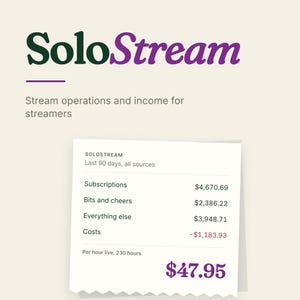 May include: The SoloStream logo in dark green and purple text sits above a white paper receipt showing financial data for the last 90 days. The receipt lists subscriptions, bits and cheers, other income, costs, and a final hourly rate of $47.95.