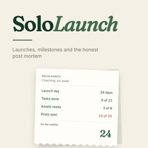 Könnte beinhalten: Eine digitale Grafik mit dem Titel SoloLaunch und dem Untertitel Launches, milestones and the honest post mortem. Darunter zeigt eine weiße Notiz Projektkennzahlen: Coaching, six seats, Launch day 34 days, Tasks done 9 of 21, Assets ready 3 of 8, Posts sent 10 of 35 und On the waitlist 24.