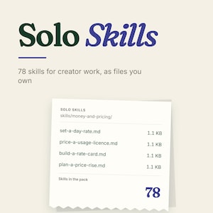 May include: A digital product display titled Solo Skills with the subtitle 78 skills for creator work, as files you own. Below, a white paper-like graphic lists file names including set-a-day-rate.md and price-a-usage-licence.md with file sizes.