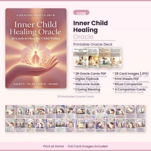 Könnte beinhalten: Ein druckbares Inner Child Healing Orakel-Deck mit 28 illustrierten Karten. Das Set enthält ein digitales Flipbook, einen Willkommensleitfaden, einen abschließenden Segen und Ritual-Begleitblätter. Die Karten zeigen Bilder in warmen Farbtönen.