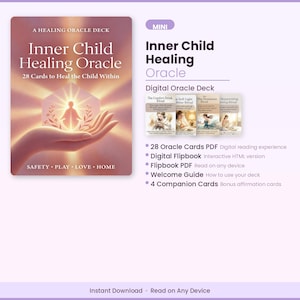 Könnte beinhalten: Das Inner Child Healing Oracle Deck enthält 28 Karten zur Heilung des inneren Kindes. Das Cover zeigt eine Hand, die eine leuchtende Figur in einem Sechseck hält. Das digitale Set umfasst ein PDF, ein Flipbook, einen Leitfaden und vier Bonuskarten.