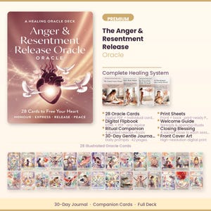 Könnte beinhalten: Das Anger & Resentment Release Orakel-Deck zeigt eine roségoldene Schachtel mit einem Herz und weißen Tauben. Das Set enthält 28 illustrierte Orakelkarten, ein 30-Tage-Journal, Druckbögen, einen Willkommensleitfaden, einen Segen und ein digitales Flipbook.