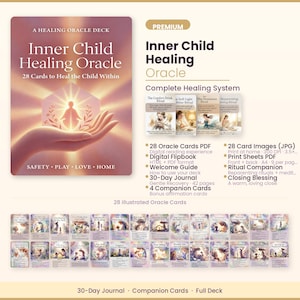 Könnte beinhalten: Inner Child Healing Oracle Kartendeck mit 28 illustrierten Karten, einem 30-Tage-Journal und einem Begleitbuch. Das Set enthält digitale PDF- und JPG-Dateien, ein Flipbook und Zusatzkarten. Das Cover zeigt eine leuchtende Silhouette in einer Hand.
